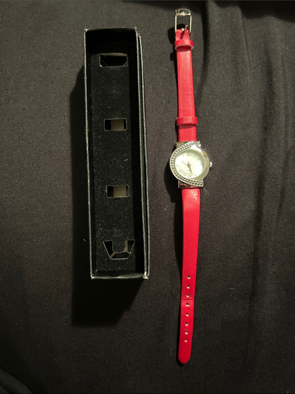 Red Leather Strap Watch with Crystal Accent